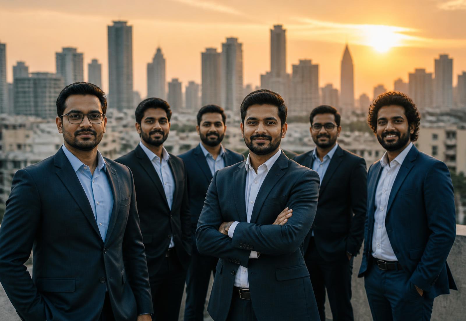 Brothers of the Vijayawada chapter standing together at sunset